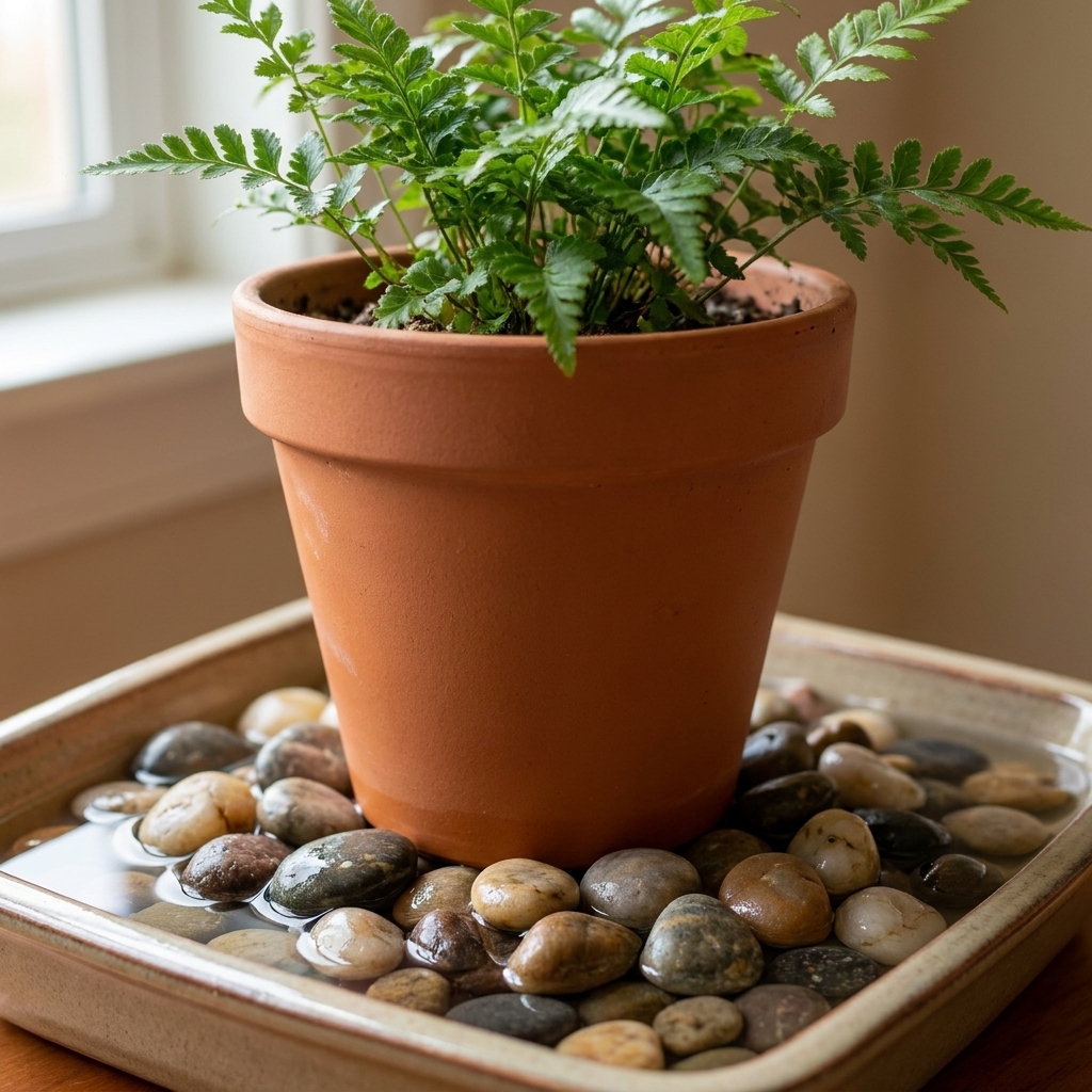 A houseplant pot resting on pebbles in a shallow tray with water visible below the stones