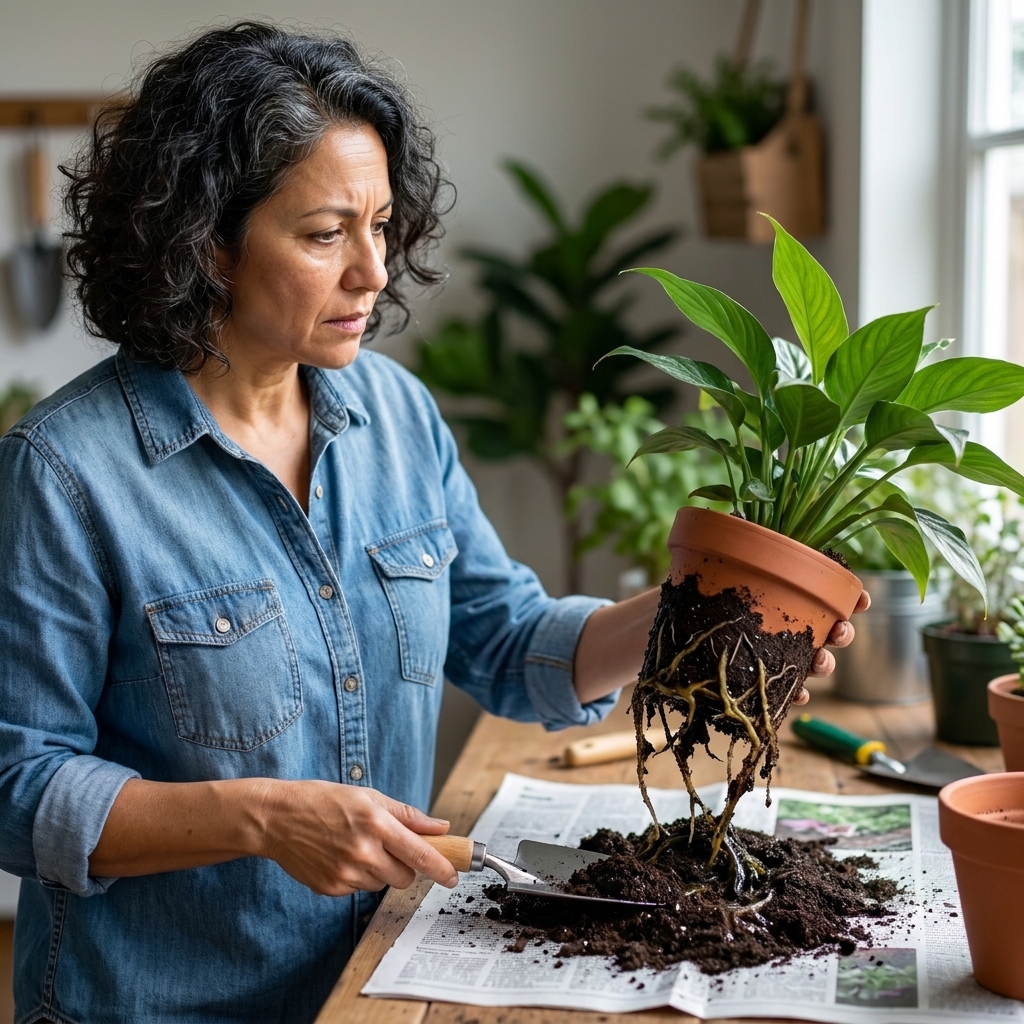 A houseplant removed from its pot with dark, mushy roots visible against potting soil on a work surface