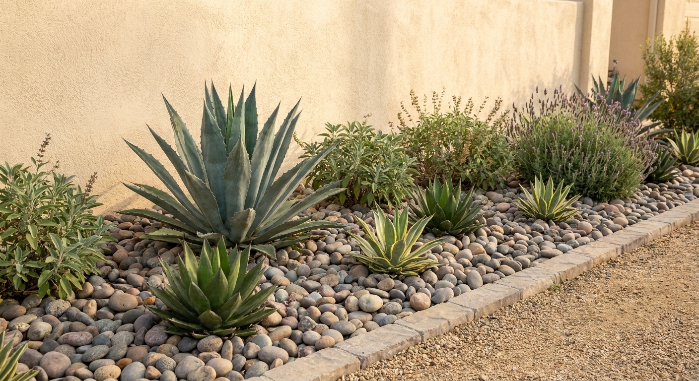 A landscaped front yard bed topped with smooth river rock around agave and drought-tolerant shrubs, with a tidy border and a stucco wall