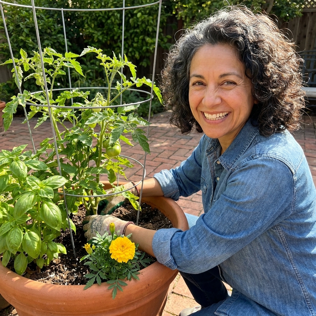 A large patio container with a caged tomato plant in the center, basil growing on one side, and a blooming marigold near the pot rim in full sun