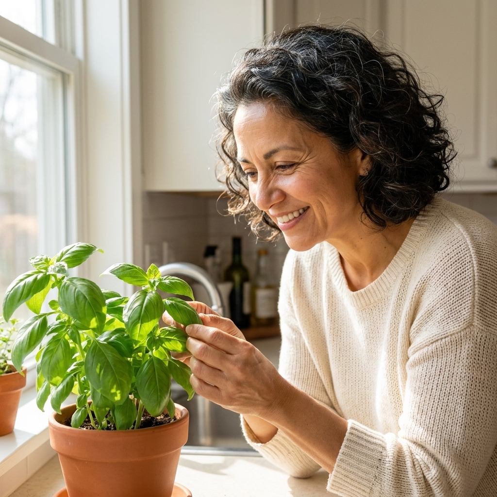 A lush basil plant with broad green leaves growing in a pot on a bright kitchen windowsill