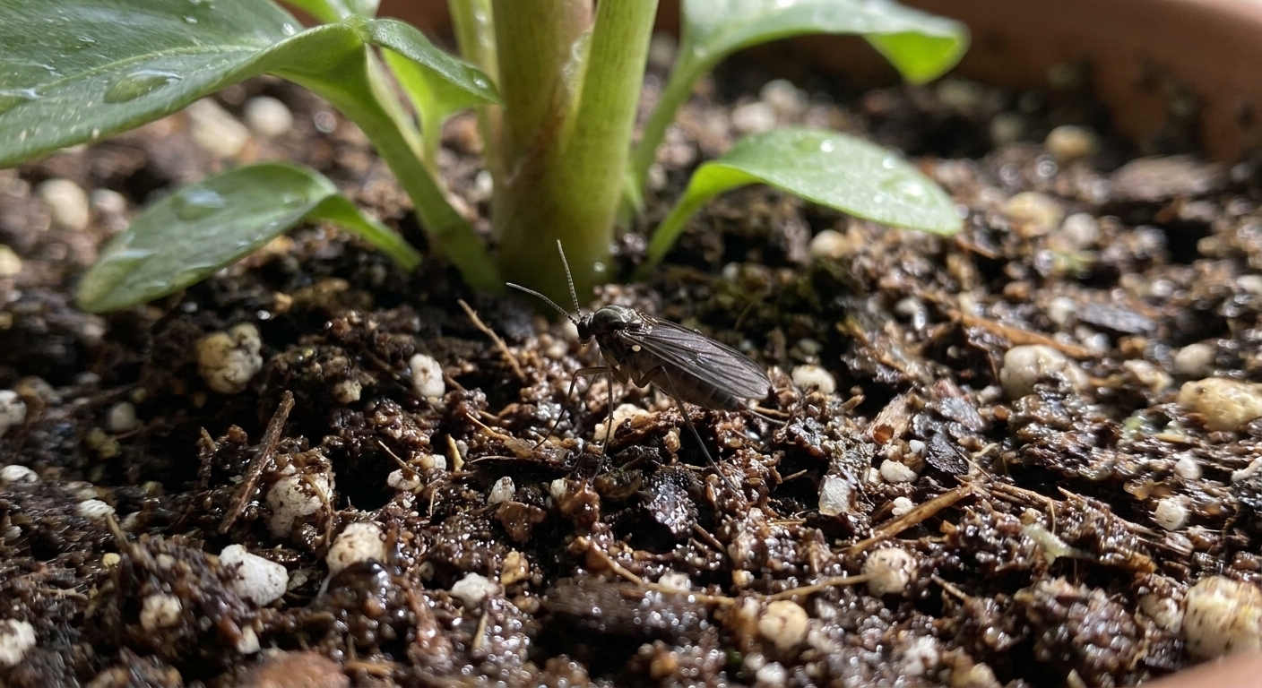 A macro-style photo of a small dark adult fungus gnat resting on moist potting soil near the base of a houseplant
