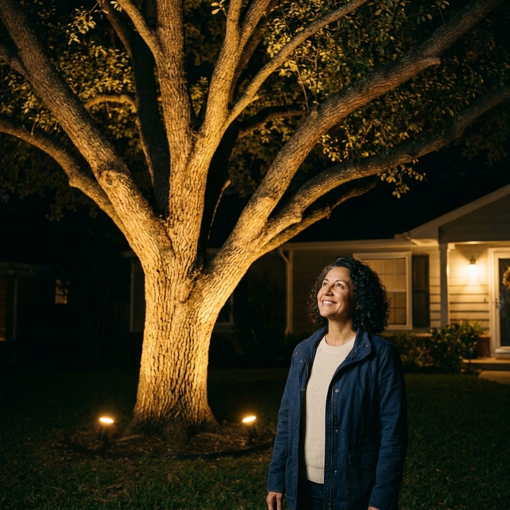 A mature oak tree in a front yard at night with two warm LED uplights at the base casting light up the trunk and into the canopy