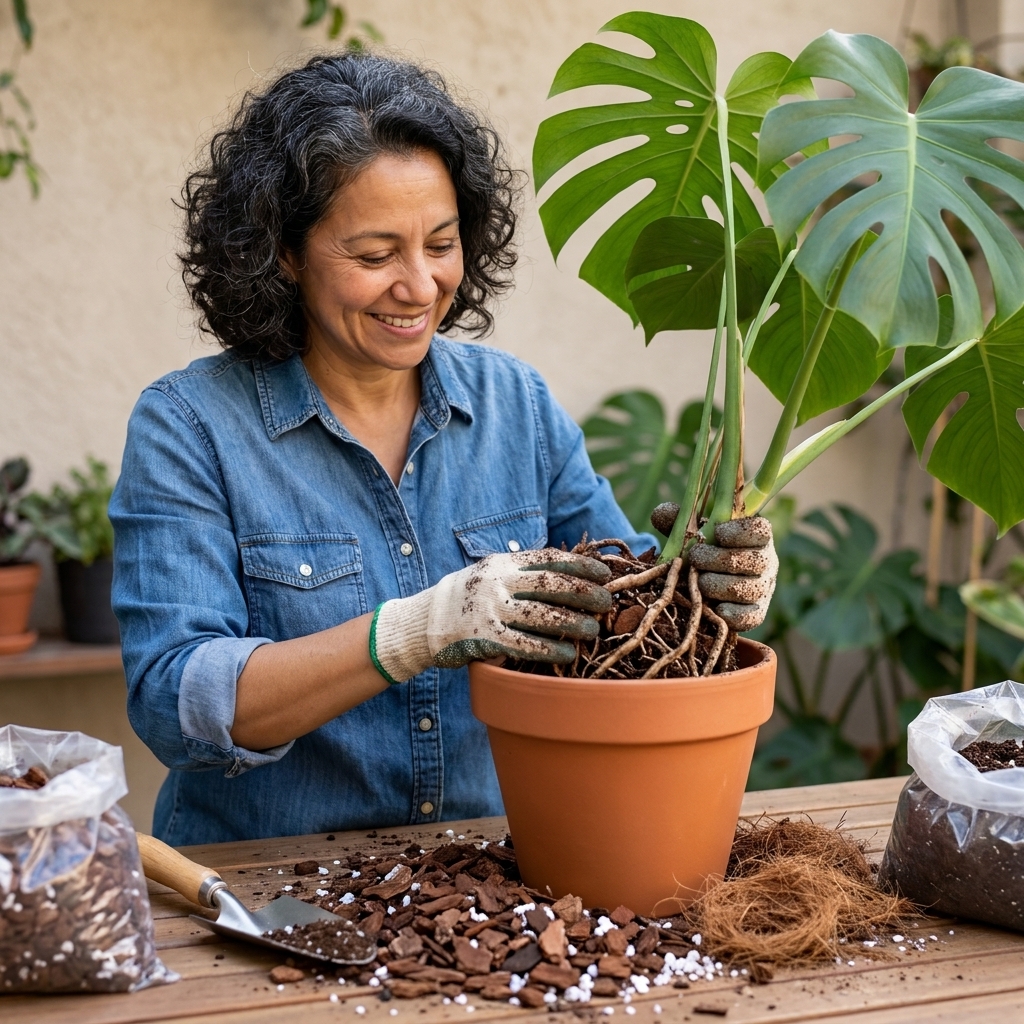 A monstera plant being repotted into a terracotta pot with a chunky mix of orchid bark, perlite, and coco coir visible around the roots