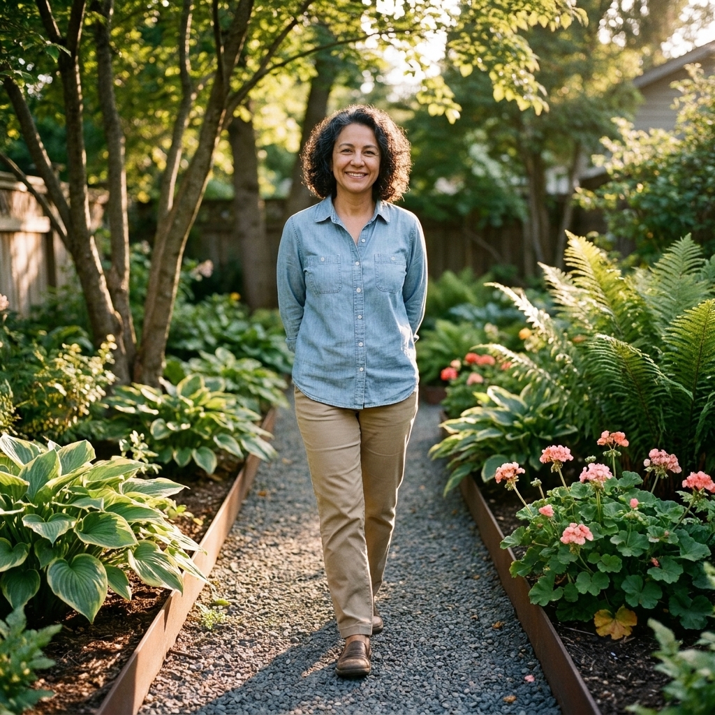 A narrow crushed stone garden path with metal edging installed along both sides, bordered by leafy perennials in afternoon light