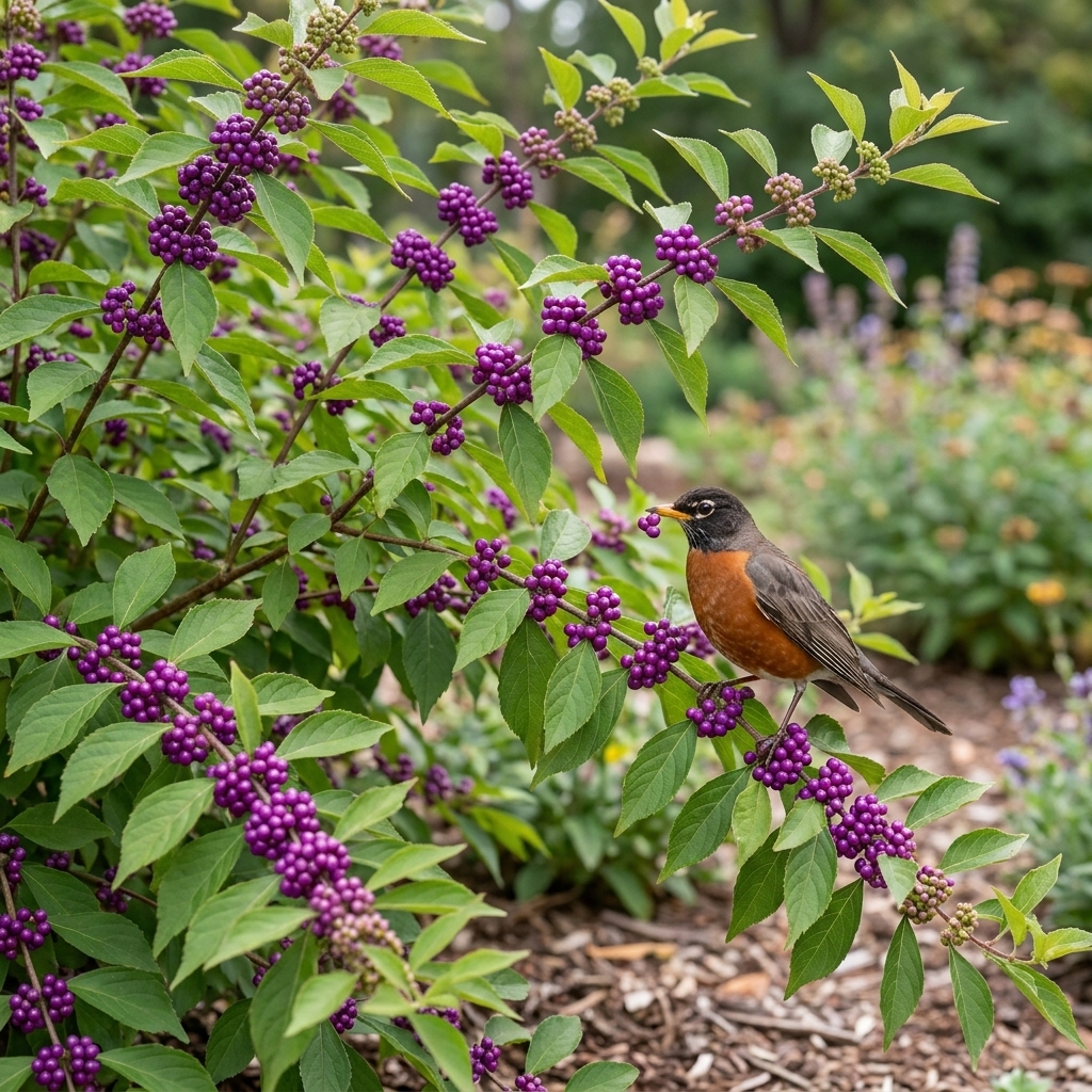 A native berry-producing shrub in a garden border with a robin perched among the branches and clusters of ripe berries visible