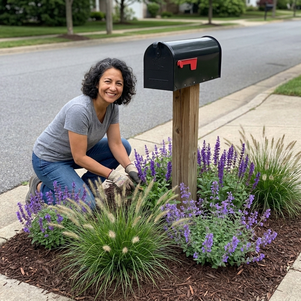 A neat curbside mailbox garden with a small ornamental grass, purple flowering perennials, and dark mulch along a residential street