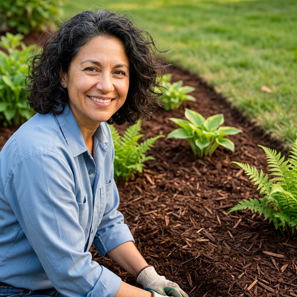 A newly mulched garden bed with young perennials and a clean edge, showing dark mulch contrasting with green foliage