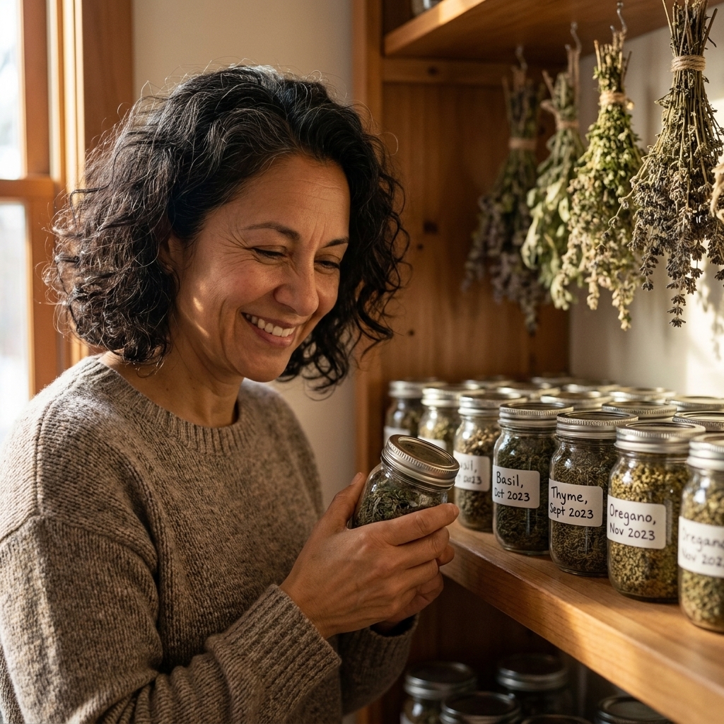 A pantry shelf with several small glass jars of dried herbs, each labeled with the herb name and harvest date, photographed in warm indoor light