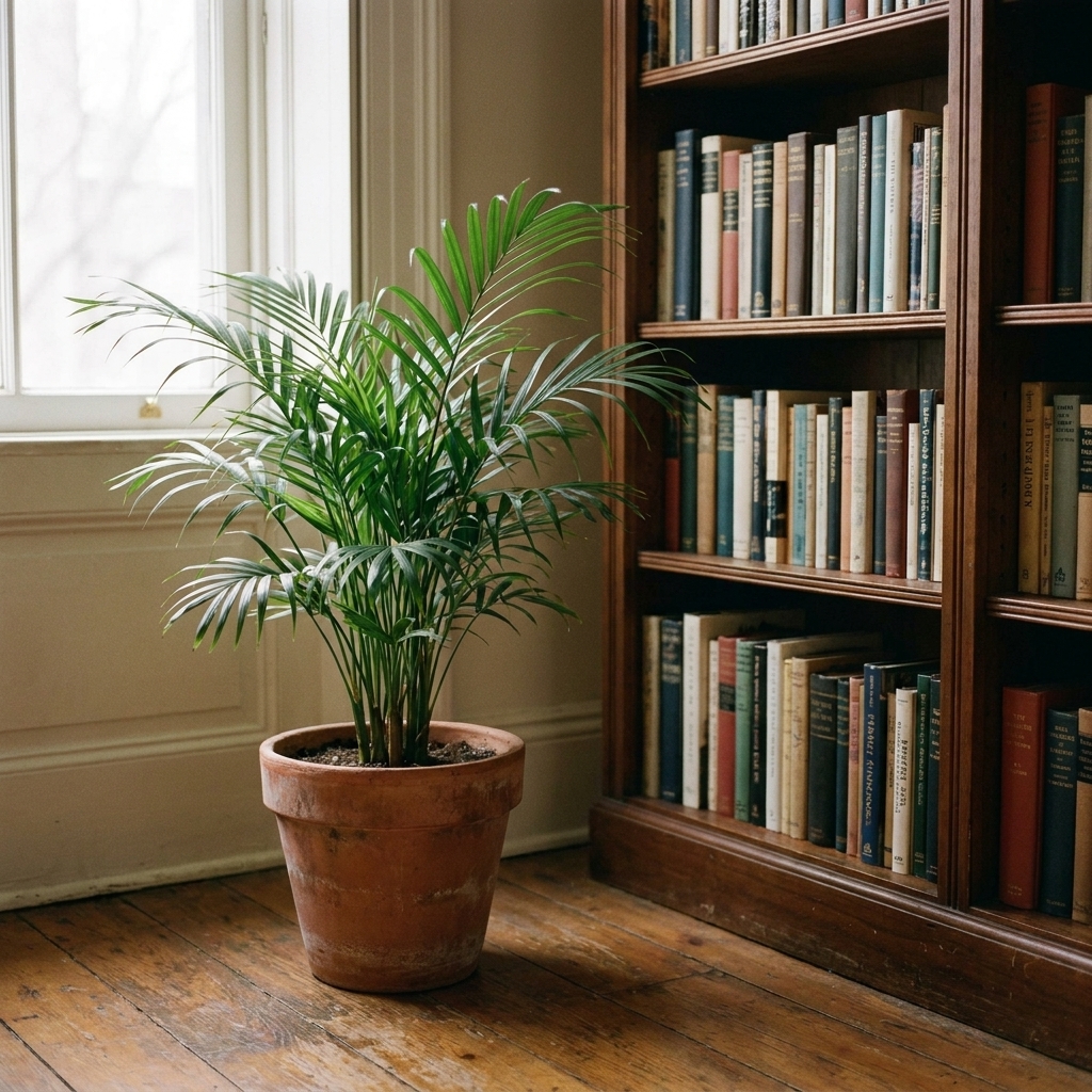 A parlor palm in a clay pot placed beside a bookshelf in a softly lit room with no direct sun