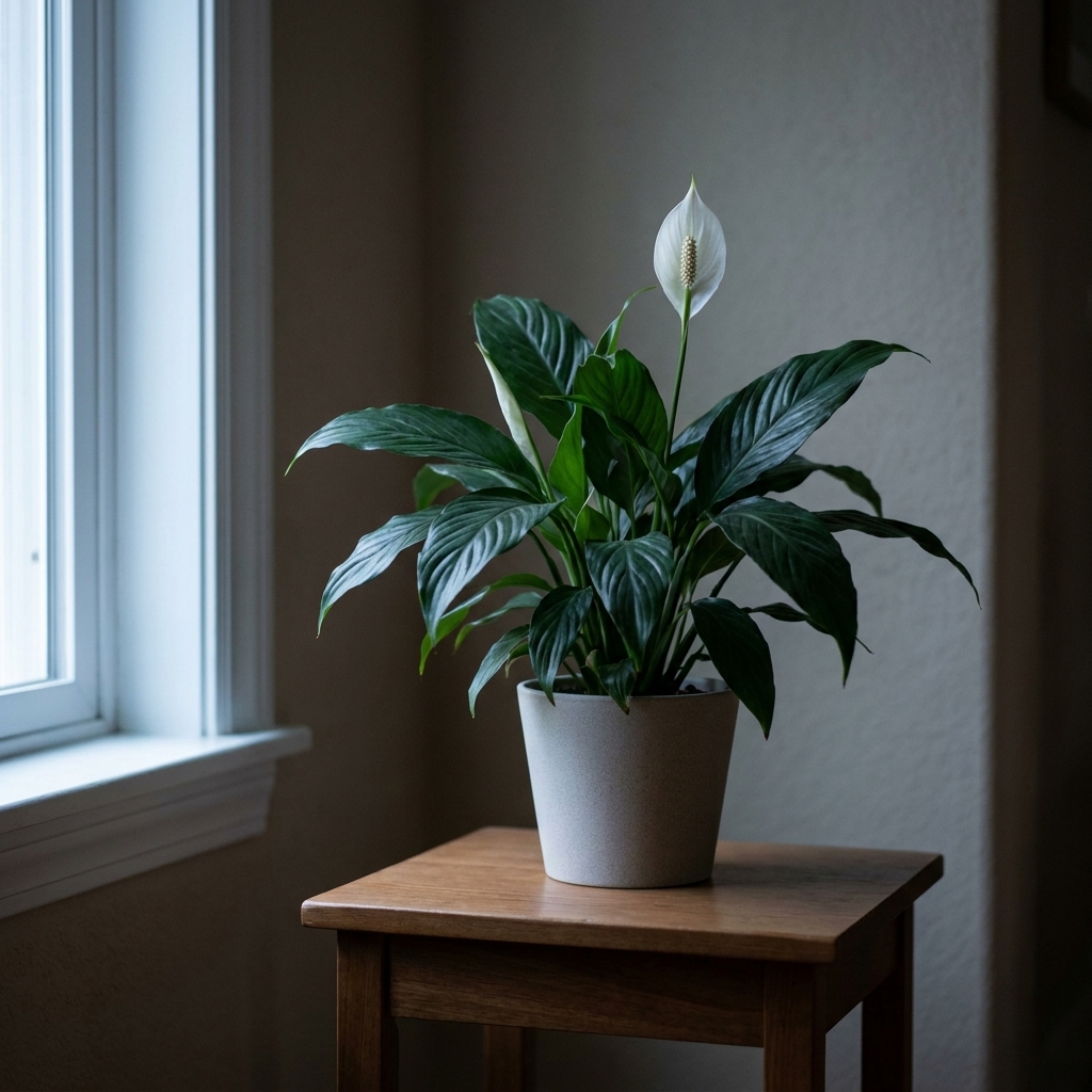 A peace lily with deep green leaves on a small table in a low-light room near a north-facing window