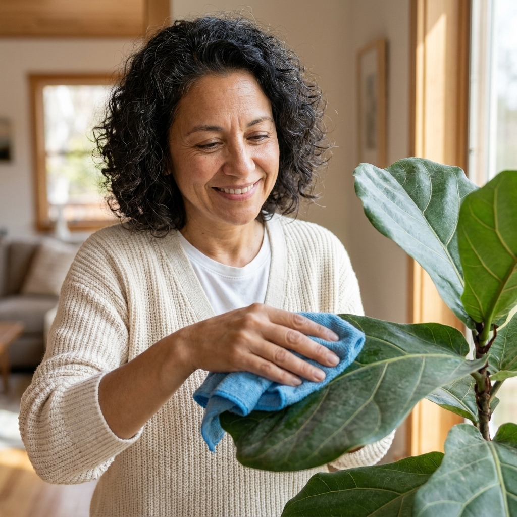 A person gently wiping dust from a large fiddle leaf fig leaf with a damp microfiber cloth