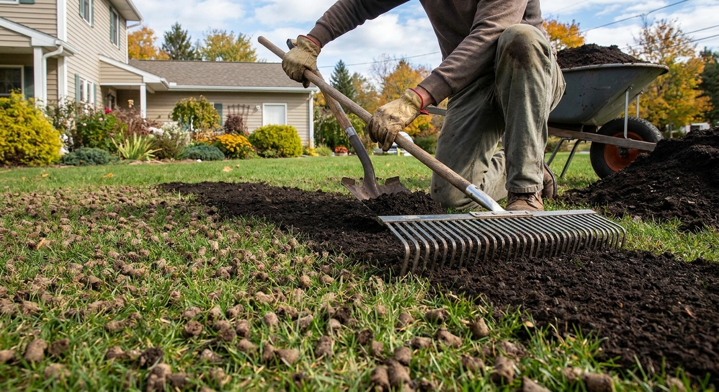 A person spreading a thin layer of compost over a lawn with a shovel and rake, with soil plugs visible from recent aeration