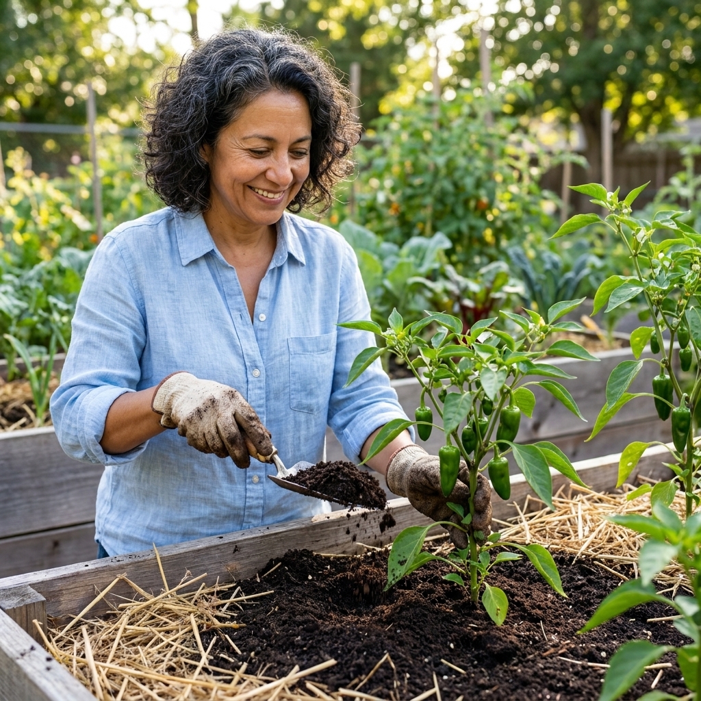 A person sprinkling finished compost around the base of a pepper plant in a raised bed, with soil and mulch visible, natural garden photograph