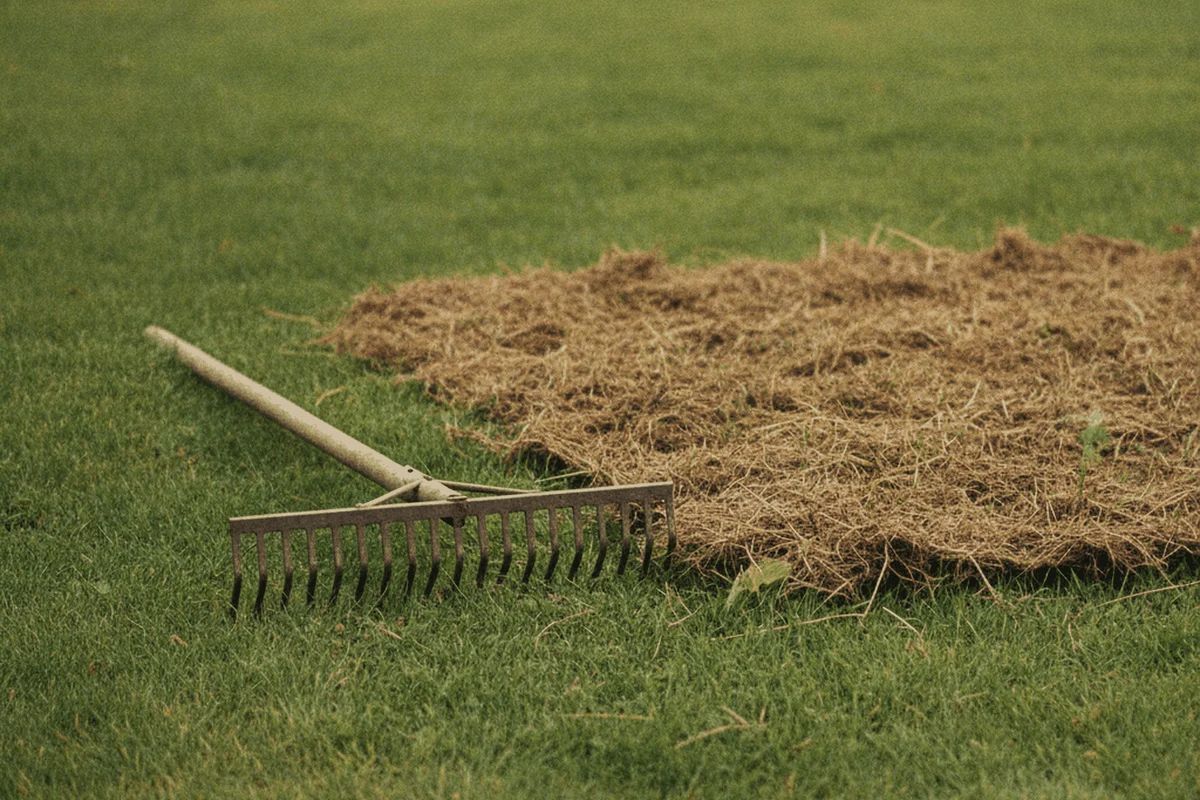 A person using a dethatching rake on a lawn, pulling up dry thatch and dead grass into small piles on the surface