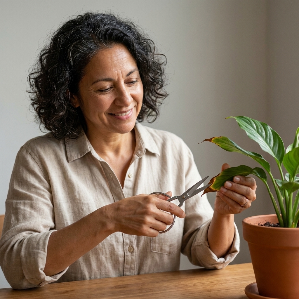 A person using clean scissors to trim a crispy brown edge from a green houseplant leaf on a tabletop with a pot nearby