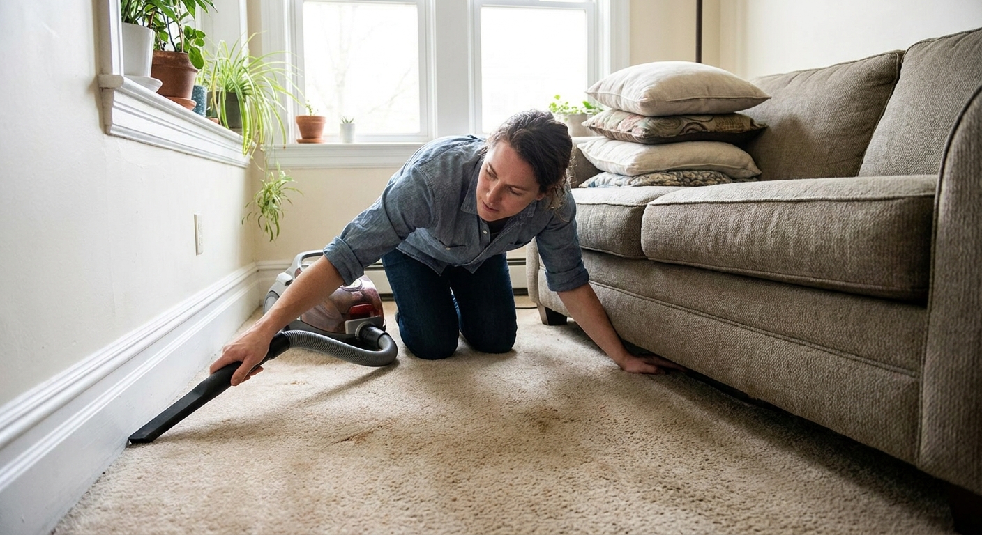 A person vacuuming a living room carpet thoroughly, focusing along baseboards and under a sofa where fleas and eggs can collect