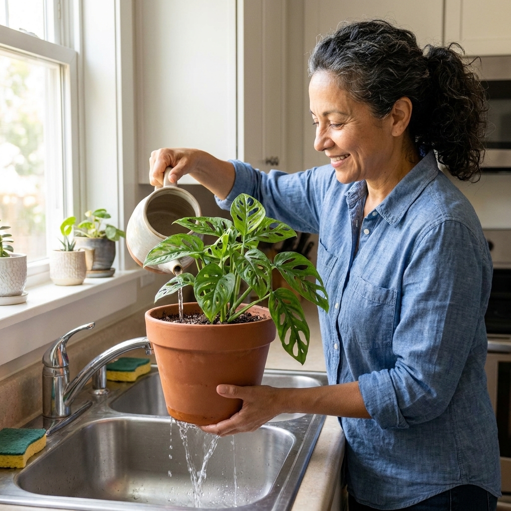 A person watering a houseplant in a kitchen sink, with water draining out of the pot’s bottom holes