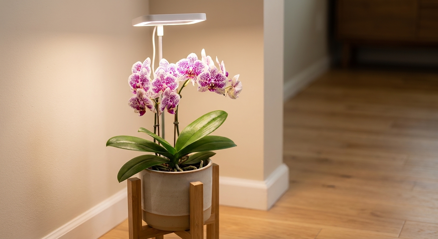 A phalaenopsis orchid in bloom on a plant stand beneath a small white grow light, with glossy leaves in a tidy indoor corner