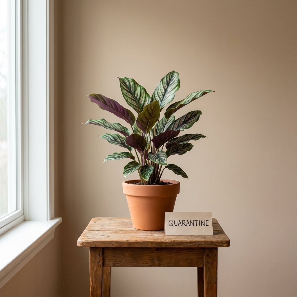 A photo of a single potted houseplant placed alone on a small table near a bright window, suggesting quarantine from other plants
