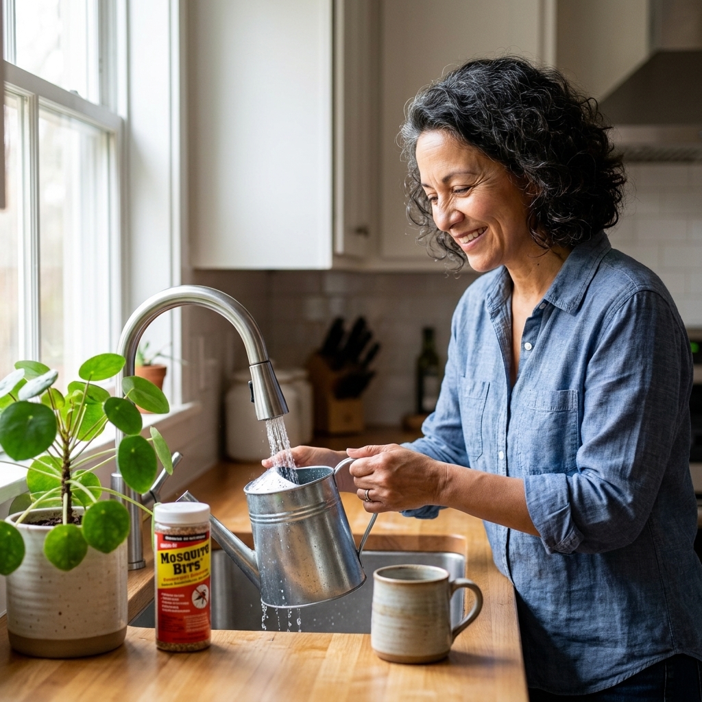 A photo of a watering can being filled with water next to mosquito bits and a potted houseplant on a kitchen counter