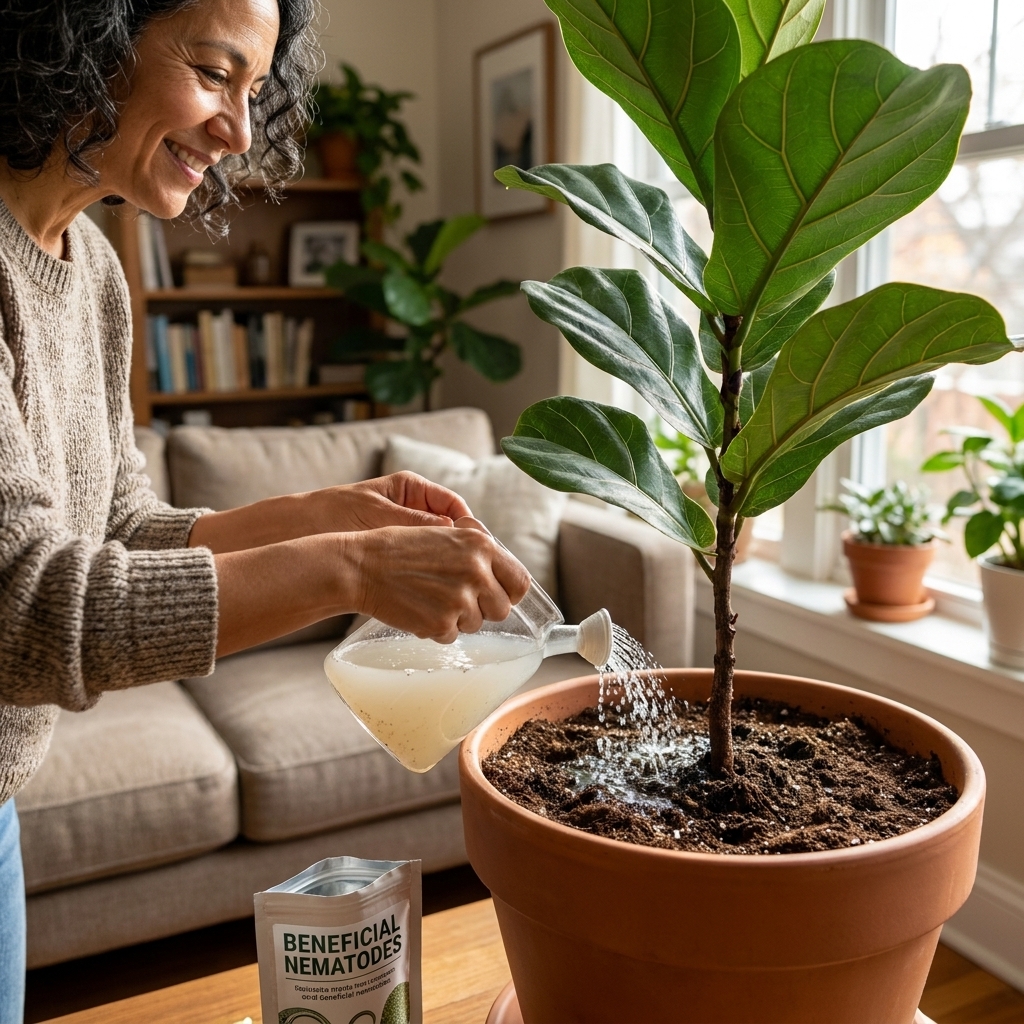 A photo of hands sprinkling beneficial nematodes solution onto the soil of a large indoor houseplant in a living room