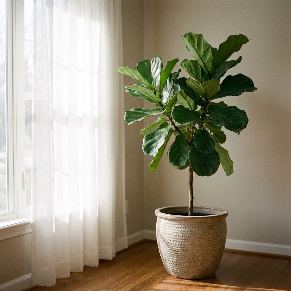 A photograph of a leafy houseplant placed a few feet from a bright window with a sheer curtain filtering the sunlight