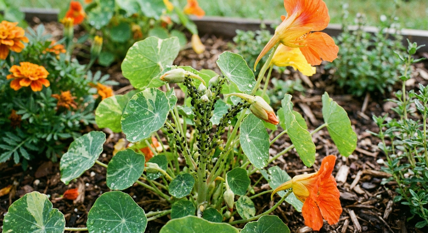 A photograph of a nasturtium plant in a garden bed with a visible cluster of aphids on a tender stem