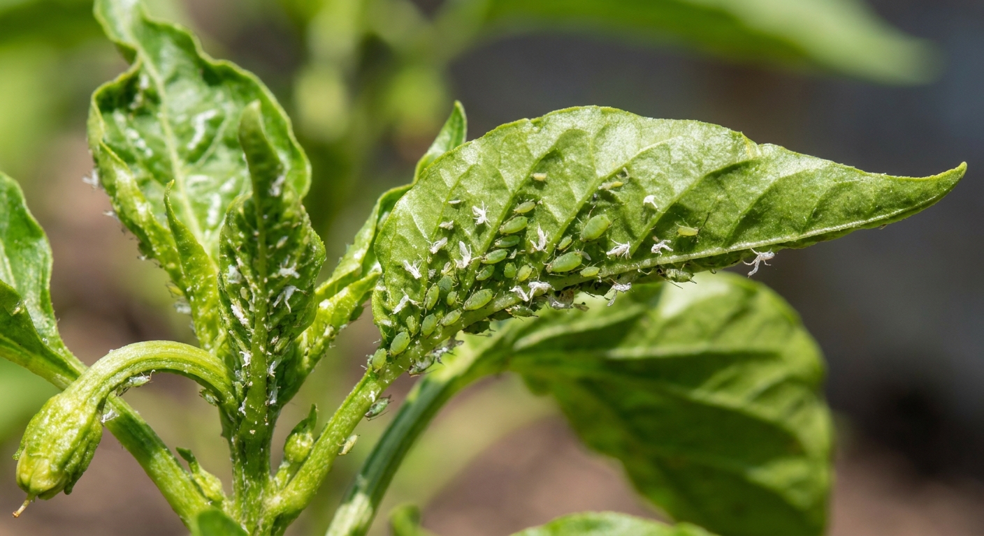 A photograph of a pepper plant with curled young leaves showing clusters of small green aphids on the underside