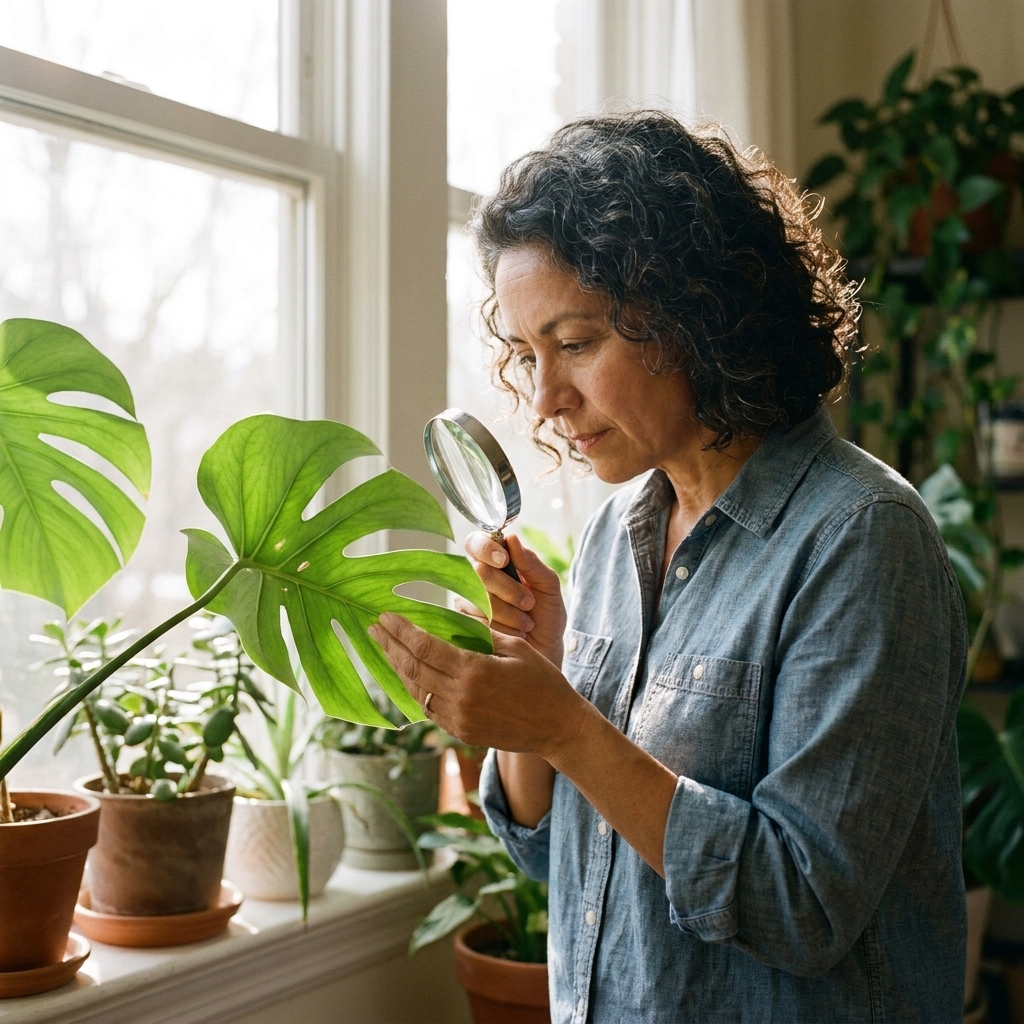 A photograph of a person gently holding a houseplant leaf and inspecting the underside near a window for tiny pests