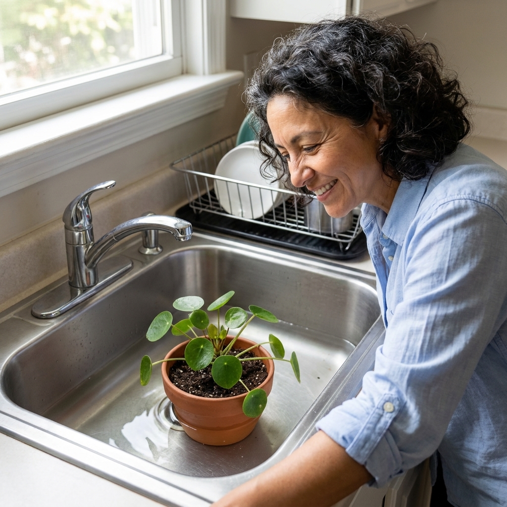 A photograph of a small houseplant pot sitting in a kitchen sink basin filled with a few inches of water for bottom watering