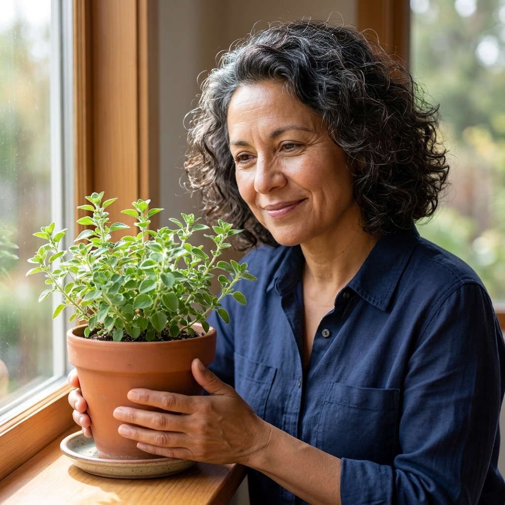 A potted oregano plant with small oval leaves growing on a bright windowsill with a saucer underneath