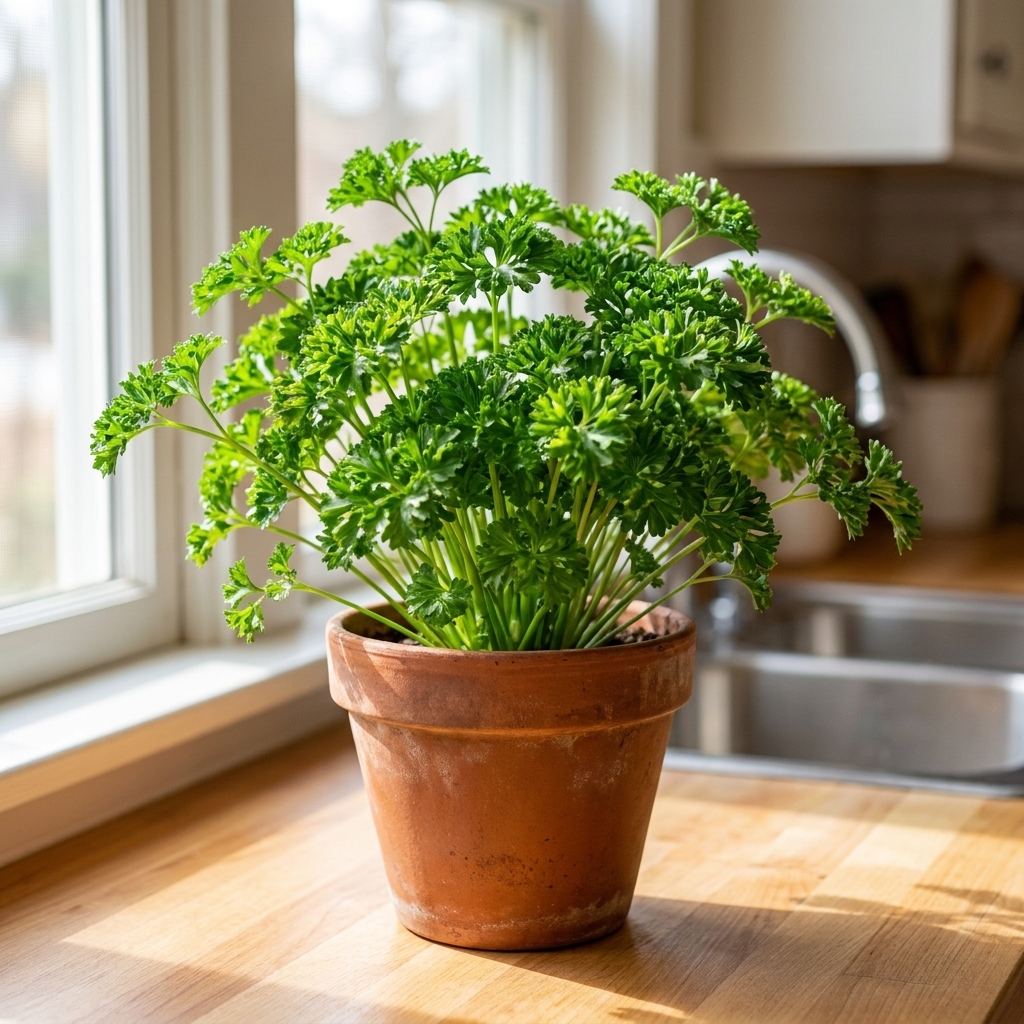 A potted parsley plant with dense, bright green leaves on a kitchen windowsill in natural daylight