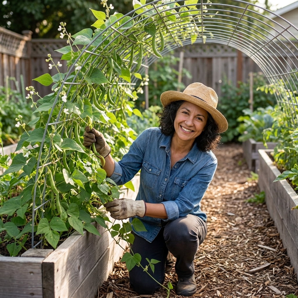 A raised garden bed with a curved cattle panel trellis covered in climbing bean vines, with a narrow mulch path beside it