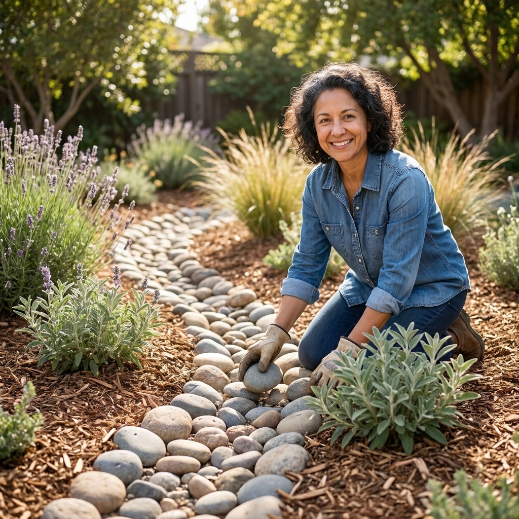 A real backyard dry creek bed made of rounded river stones, curving through drought-tolerant plantings and mulch