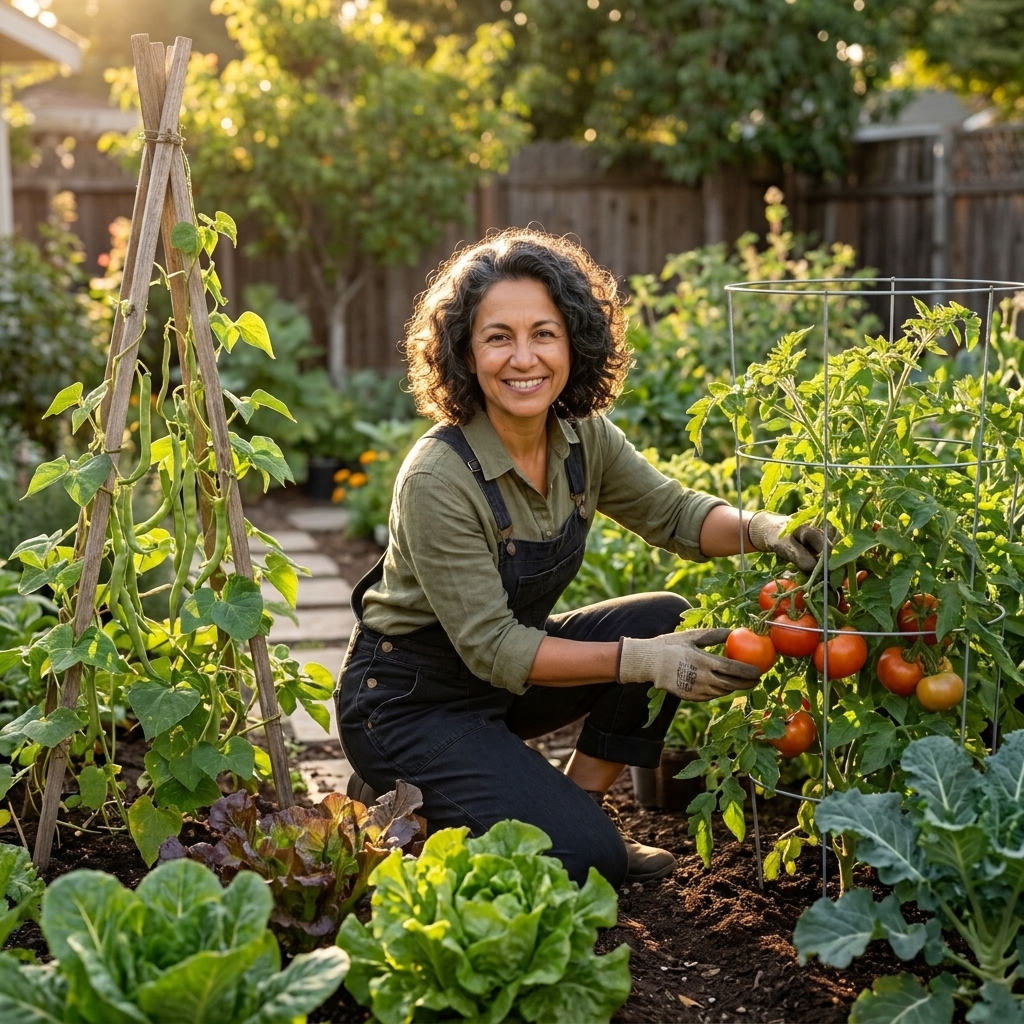 A real backyard heirloom vegetable garden in summer with tomato cages, bean trellises, and leafy greens thriving in rich soil