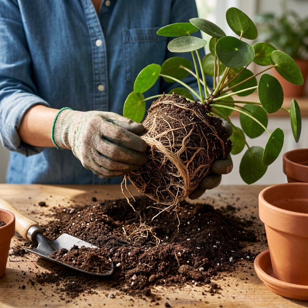 A real photograph of hands loosening circling roots on a root-bound houseplant over a potting table with loose potting mix nearby