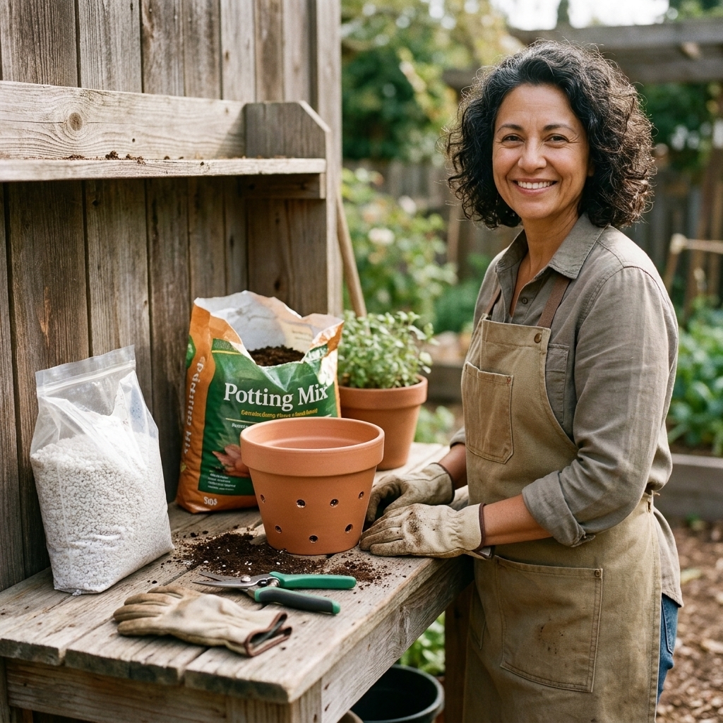 A real photograph of repotting supplies on a potting bench including a clean pot with drainage holes, fresh potting mix, perlite, pruning snips, and gloves