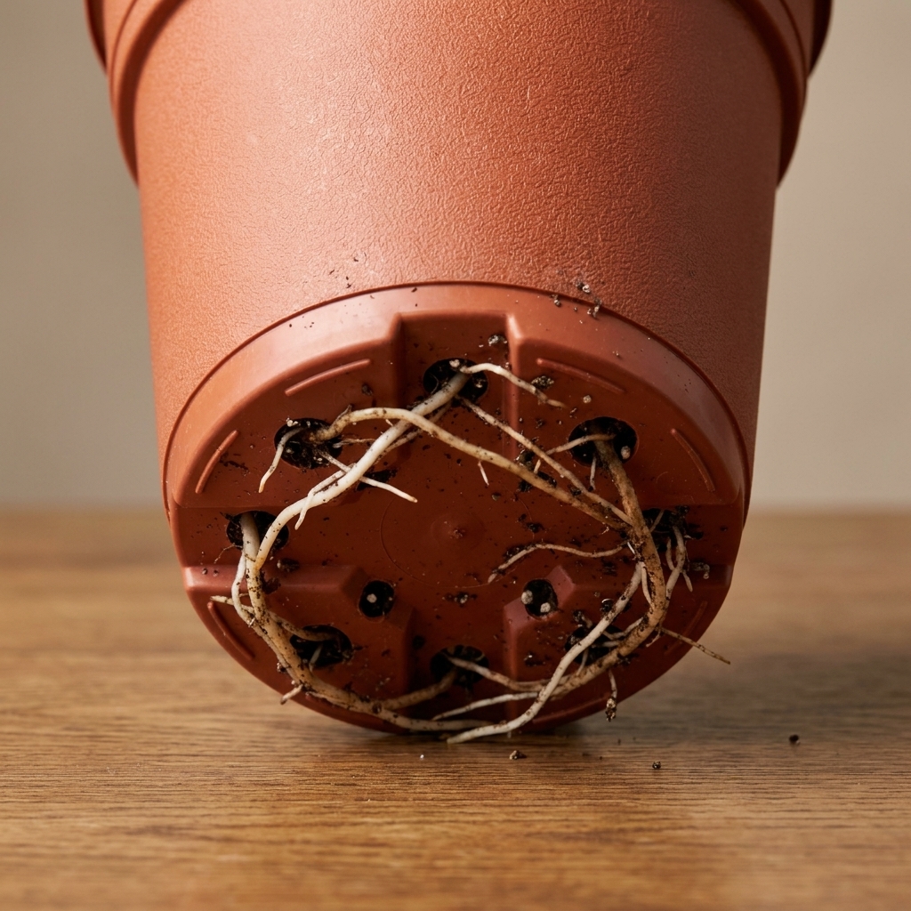 A real photograph of the bottom of a plastic nursery pot with multiple white roots protruding from the drainage holes on a wooden table