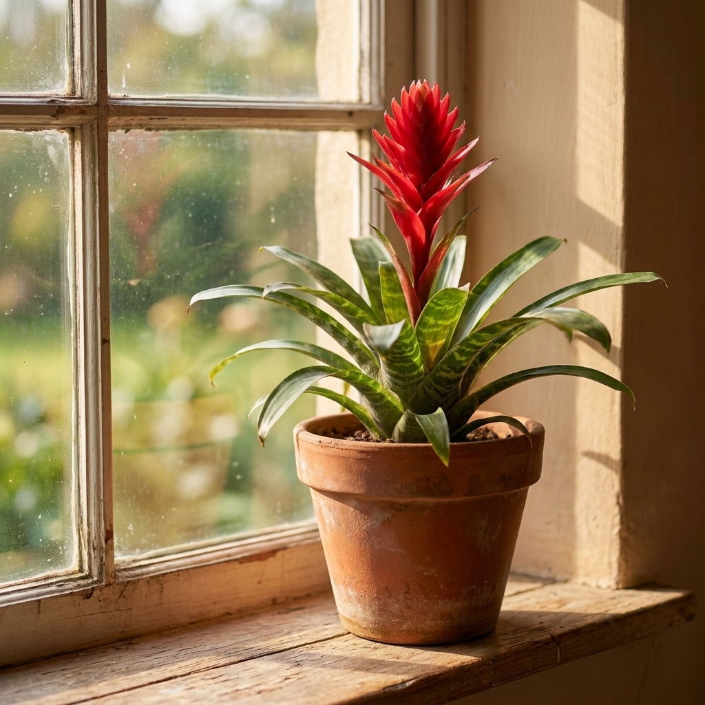 A red-flowering bromeliad in a clay pot on a bright kitchen windowsill with soft morning light