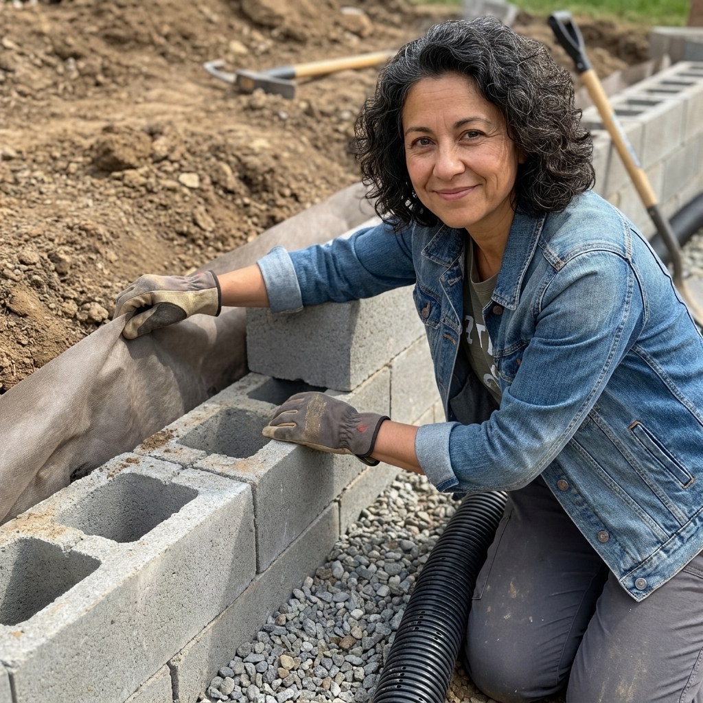 A retaining wall under construction with landscape fabric, gravel backfill, and a perforated drain pipe placed at the base behind the wall