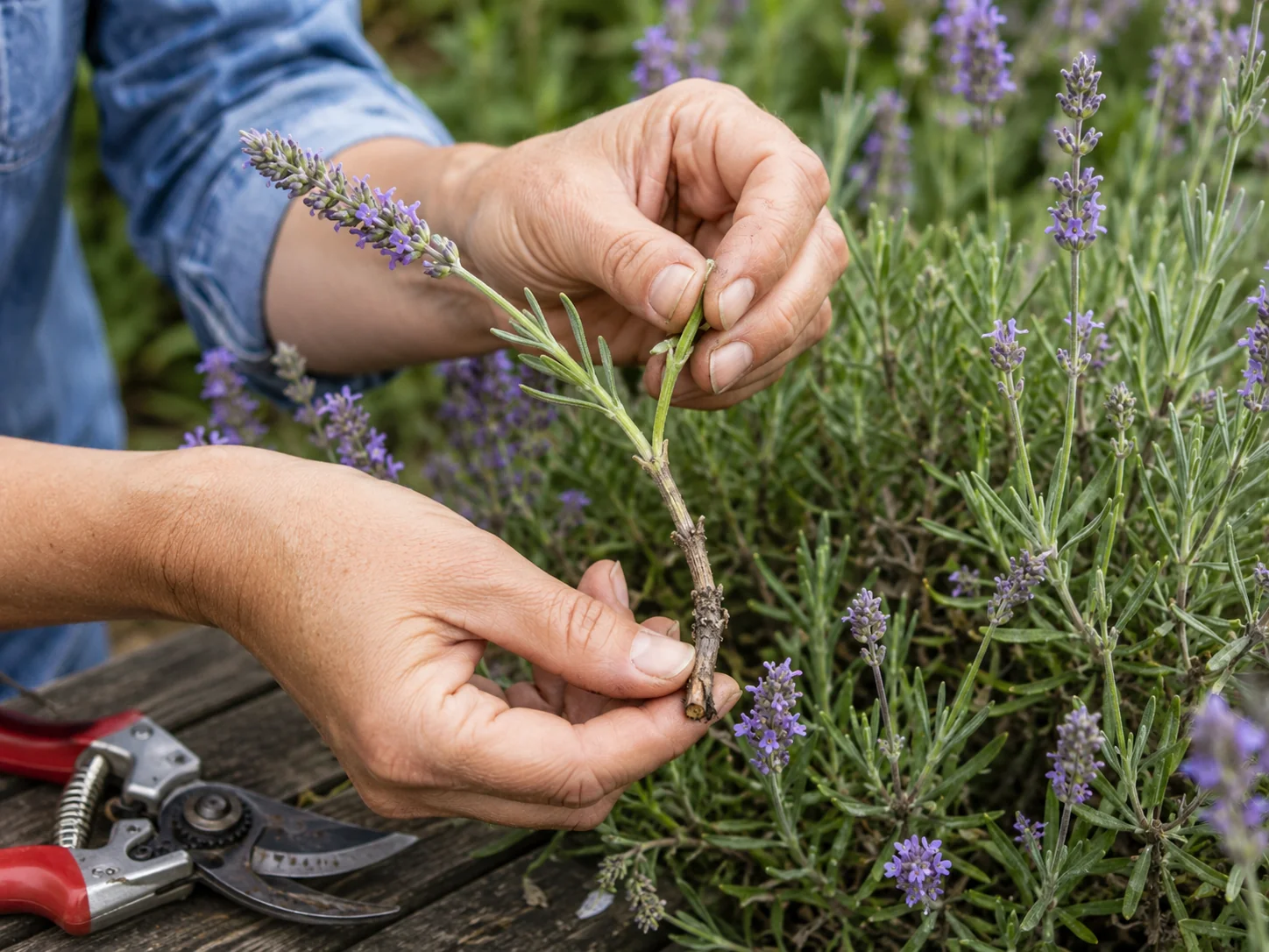 A rounded mound of English lavender showing the clear boundary between green leafy growth and older woody stems at the base