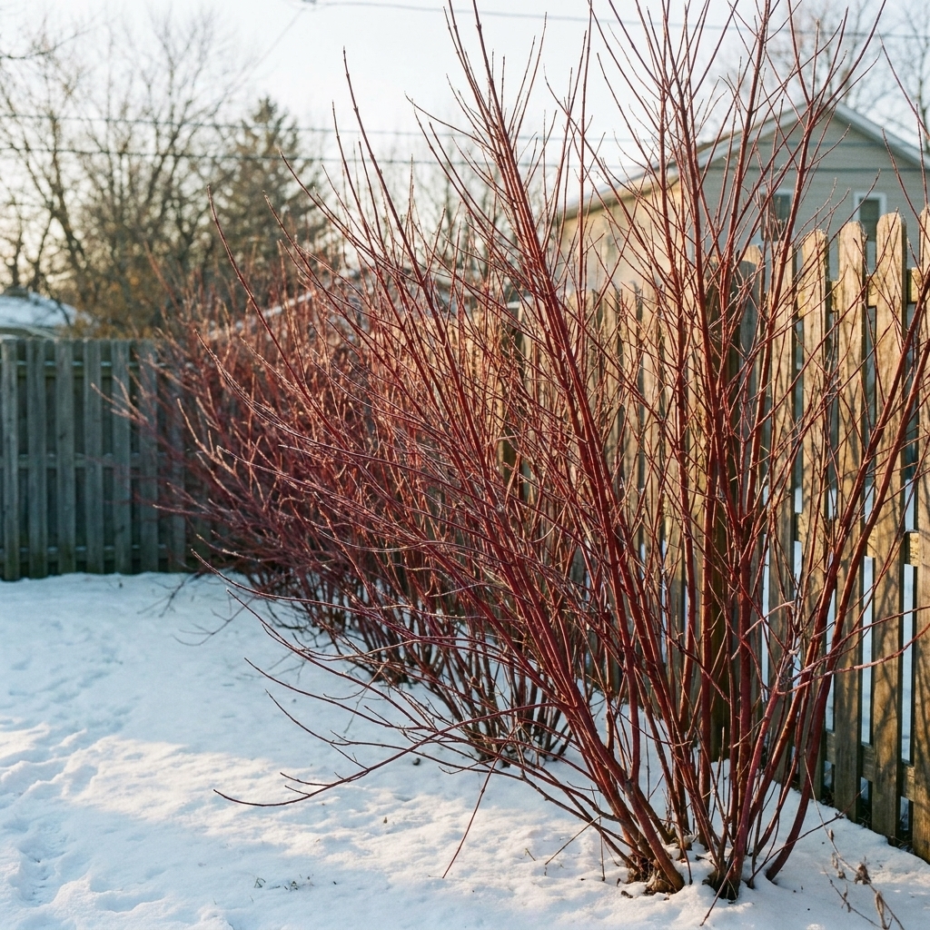 A row of red twig dogwood shrubs with vivid red stems lining a backyard edge in winter light
