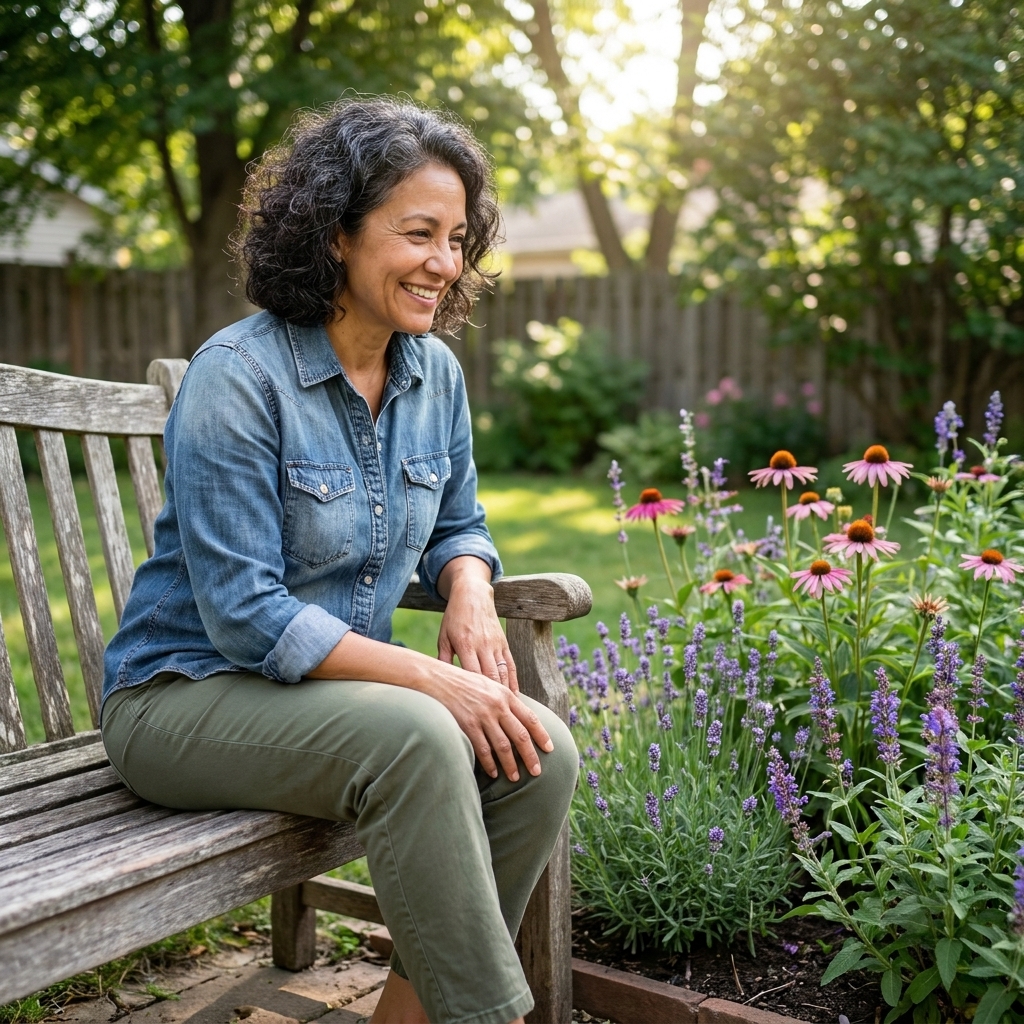 A rustic wooden bench set beside a small flower bed with blooming perennials, creating a simple focal point in a backyard