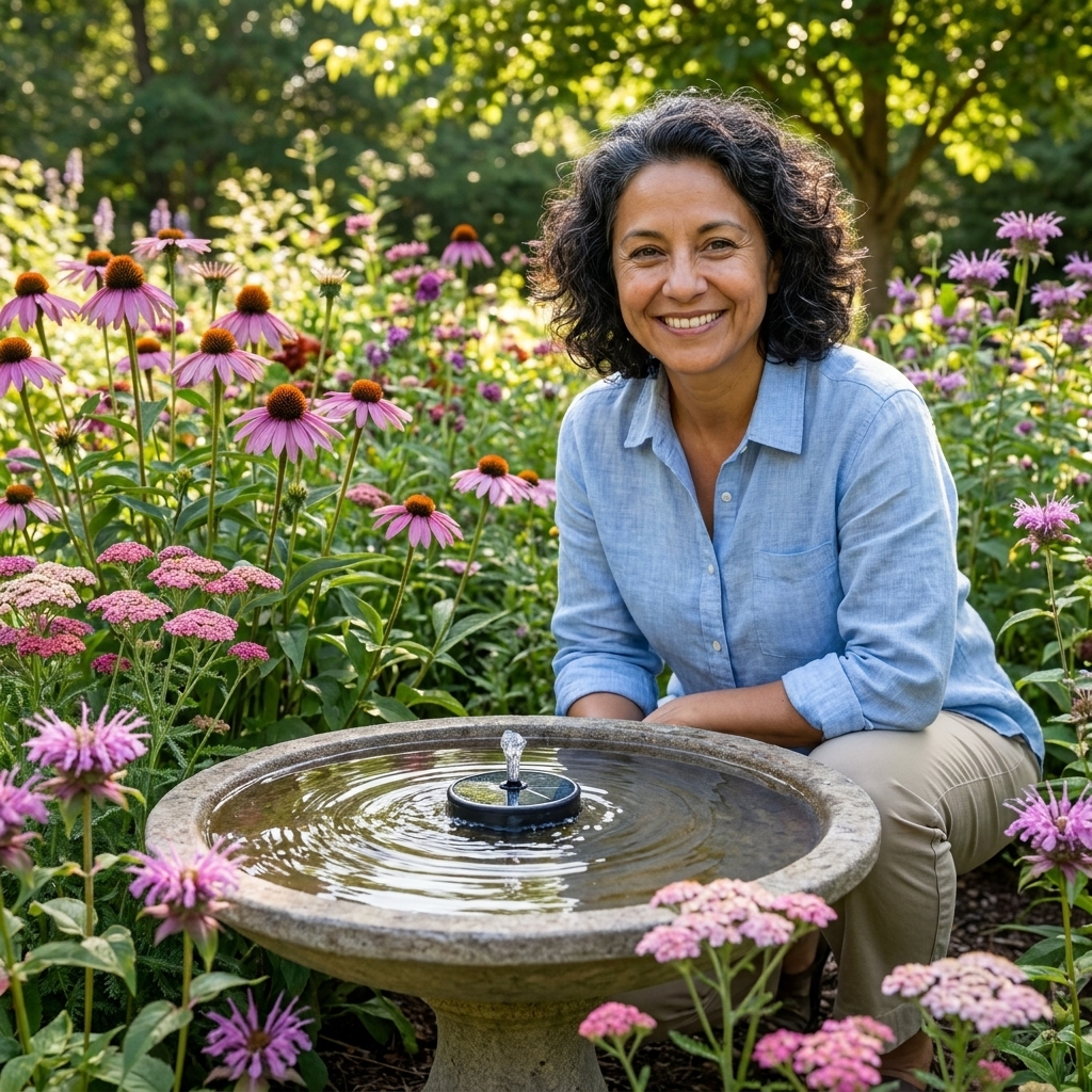 A shallow birdbath with a small solar bubbler creating gentle ripples, surrounded by flowering perennials