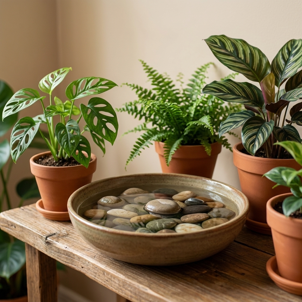 A shallow ceramic bowl filled with water and smooth stones placed beside a group of tropical indoor plants on a shelf