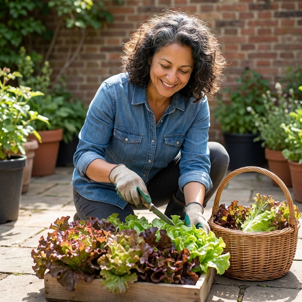 A shallow container on a patio filled with vibrant green and red loose-leaf lettuce ready for harvesting