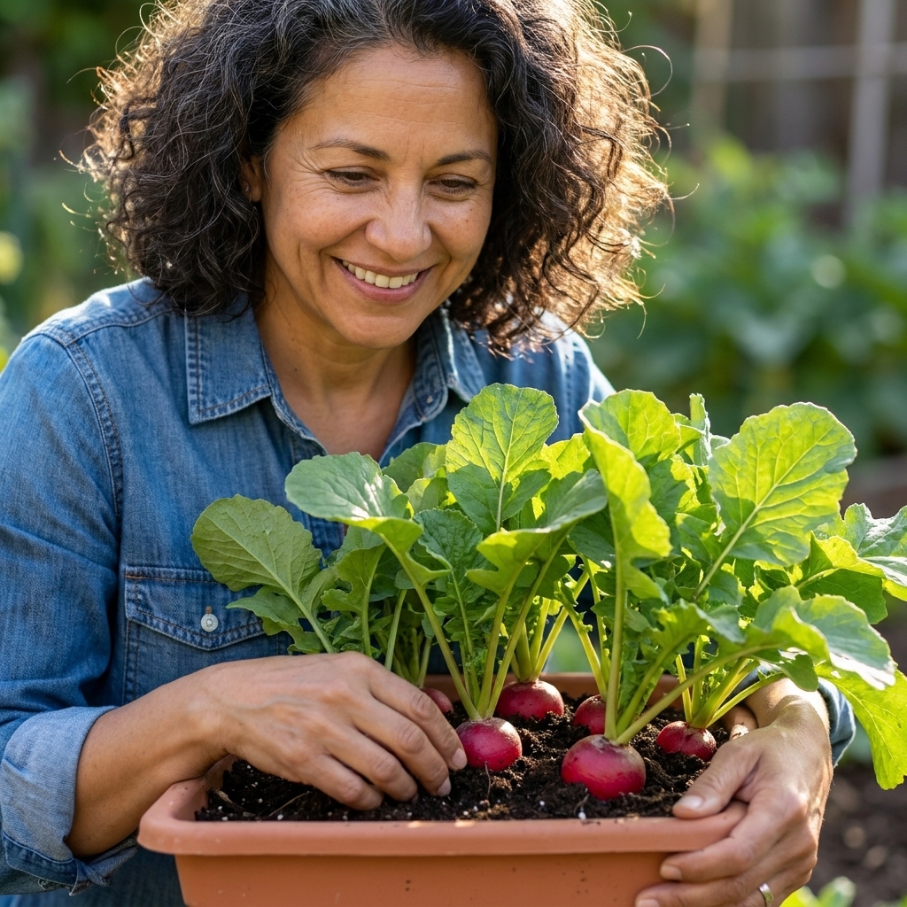 A shallow container planter filled with radish greens, with several red radish shoulders visible at the soil surface