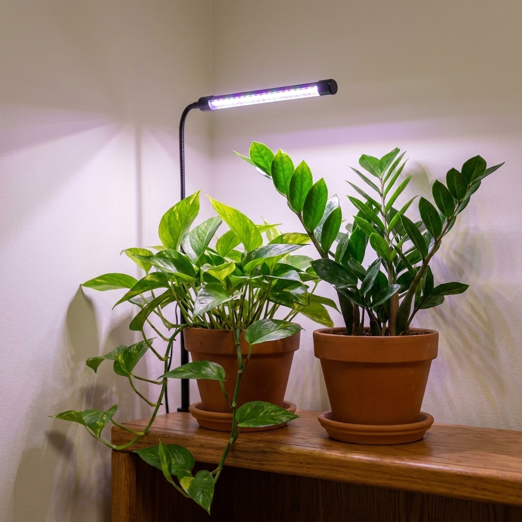 A small LED grow light illuminating a pothos and a ZZ plant on a shelf in a windowless room