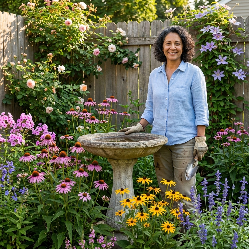 A small backyard garden bed with a stone birdbath centered among flowering perennials, with a fence softened by climbing vines